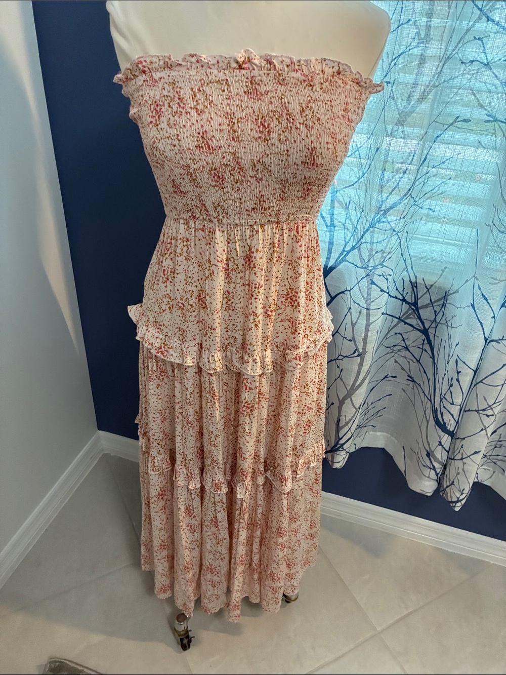 Aakaa Smocked Strapless Tiered Maxi Dress in Blush Floral